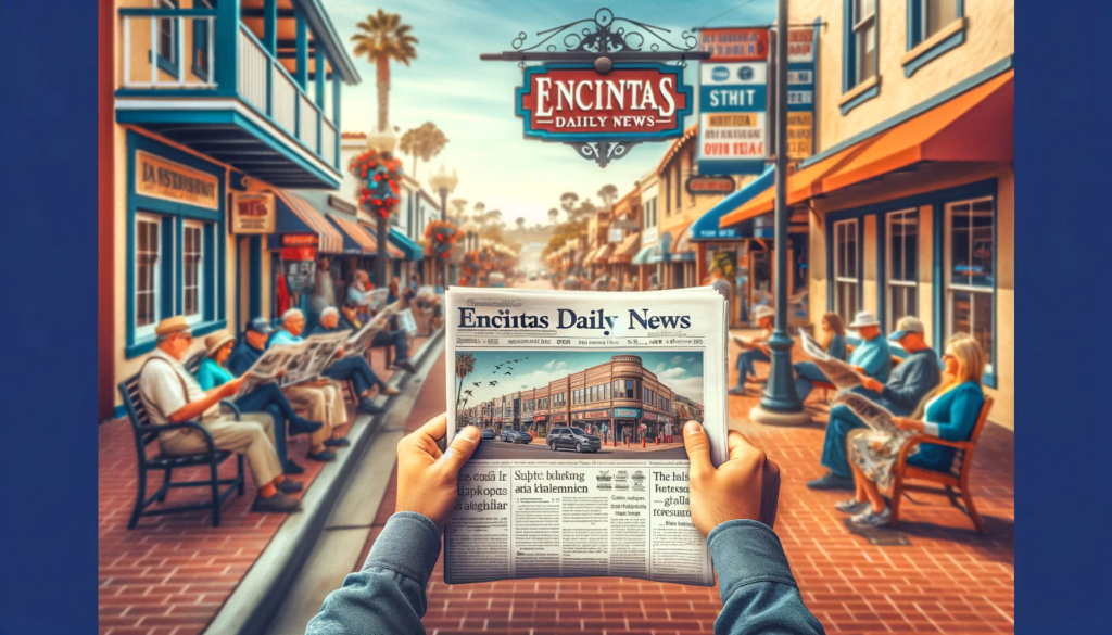 A person holding up a copy of the 'Encinitas Daily News' on a bustling Encinitas street, with locals reading the newspaper in the background.